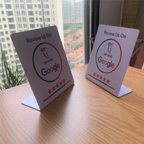 13.56Mhz Programmable NFC Google Review Display Stand Custom Printed PVC NFC Tap to Review Page Stand for Restaurant
